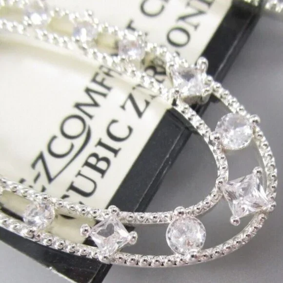 NAPIER 1980's Bold Silver Clear CZ Door Knocker E-Z Comfort Clip On Earrings~NEW - Picture 3 of 4